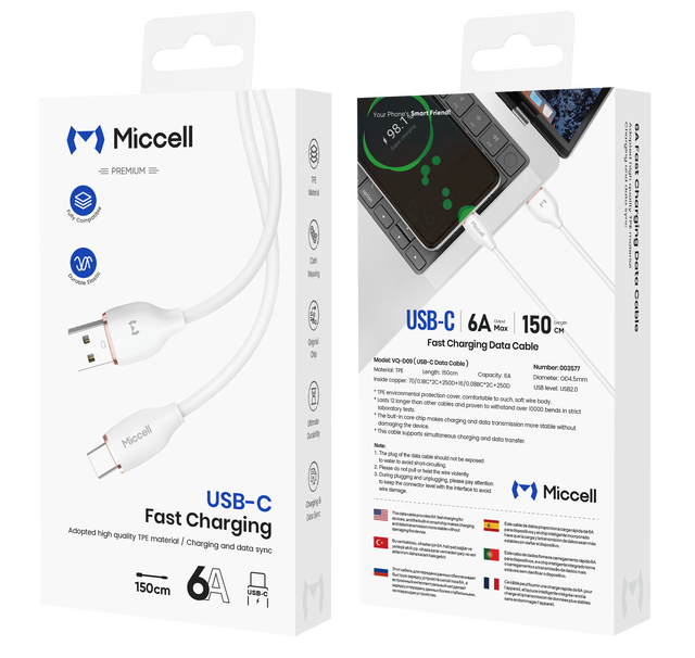 Cable USB-A a USB-C Miccell Mayorista, Carga Rapida 6A, Cubierta TPE, Para Norteamérica Y Sudamérica.