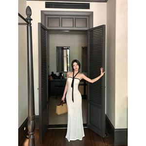 Vestido Largo Blanco Estilo Francés sin Tirantes con Cuello Halter, Cintura Ajustada, Espalda Descubierta, Transpirable, para Vacaciones en la Playa, Verano 2025 - Product Image 5