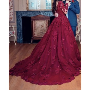 Бордовое ТРАПЕЦИЕВИДНОЕ платье для выпускного вечера с длинными рукавами, плиссированное кружевное платье с цветочной аппликацией для вечеринки - Product Image 4