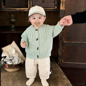 Cardigan en tricot acrylique de style coréen pour enfants, collection Printemps/Automne, <span class=keywords><strong>pull</strong></span> polyvalent à <span class=keywords><strong>col</strong></span> <span class=keywords><strong>rond</strong></span> de couleur unie pour bébé garçon - Product Image 3