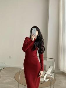 Robe longue moulante en maille à col rond, style rétro sexy, pour femme, longueur au-dessus du genou, automne-hiver - Product Image 5