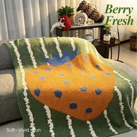 Plaid en tricot motif fraise, rayures vertes et oranges, motif fruit, réversible, en tissu semi-velours, pour canapé, décoration de salon