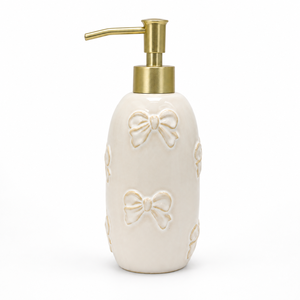 Juego de Accesorios de Baño de Cerámica con Lazo Decorativo en Relieve, Varios Colores: Dispensador de Jabón/Loción, Jabonera, Vaso, 3 Piezas - Product Image 3