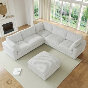 โซฟาผ้ากำมะหยี่สีขาว NOVA รุ่น Cloud สำหรับห้องนั่งเล่น รูปตัว L พร้อมออตโตมัน เฟอร์นิเจอร์บ้านแบบโมเดิร์น - Product Image 1