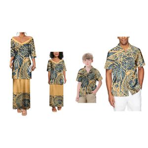 家庭配套服装套装波利尼西亚印花4pcs套装女式和女童Puletasi连衣裙长带短裤袖搭配男式和男童衬衫 - Product Image 1