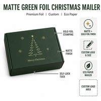 Boîtes d'expédition de Noël de luxe OEM, vert mat avec estampage à chaud doré, boîte e-commerce pliable et recyclable, boîtes d'expédition postales