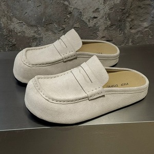 Mules Penny Loafers Minimalistes pour Hommes en Cuir Daim à Plateforme, Bout Rond, Semelle Épaisse, à Enfiler, Décontractées et Élégantes, <span class=keywords><strong>Sans</strong></span> Talon, Crème - Product Image 2