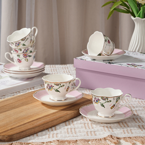 Juego de Taza y Platillo de Cerámica Floral Personalizada S/6, 70 ml, Taza de Café y Té, Porcelana China, Nueva Porcelana de Hueso, Caja de Regalo - Product Image 1
