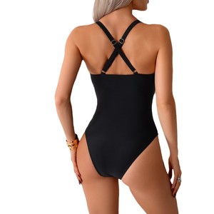 Traje de Baño de Una Pieza para Mujer, Verde Militar, Cuello en V, Secado Rápido, Color Sólido, Lavable a Máquina, para Natación y Deportes Acuáticos - Product Image 4