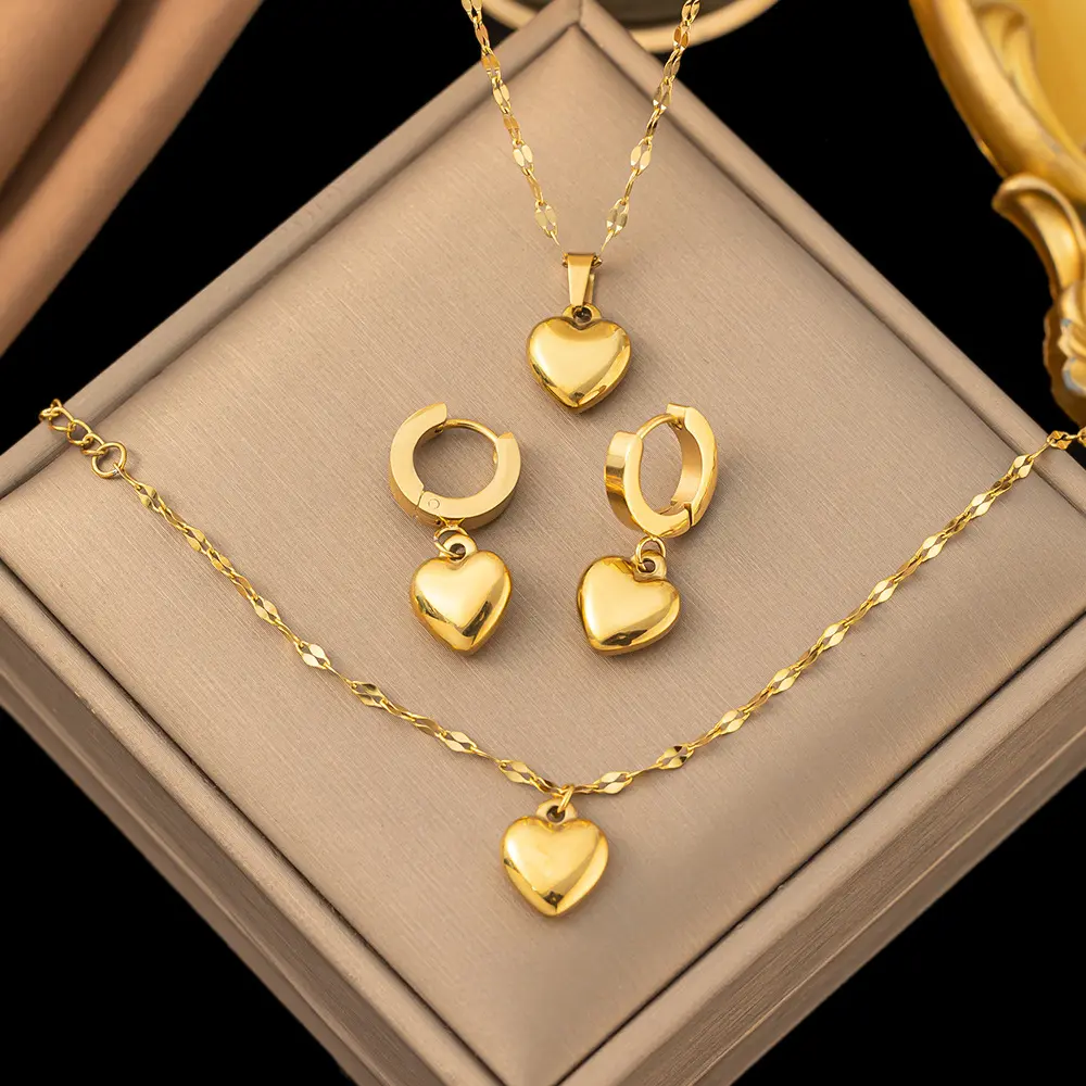 Conjunto de colar de metal em aço inoxidável para amor, moda leve, luxo, alta sensibilidade, brincos de coração, joia brasileira N2404301