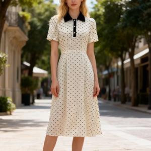 Abito <span class=keywords><strong>Midi</strong></span> Personalizzato Bianco a Pois con Colletto Nero, Maniche Corte a Sbuffo, Vita Alta, Linea ad A, Stile Vintage Estivo per Donna - Product Image 1