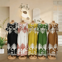 Robe Boubou Africaine en Gros pour Femmes, Manches Courtes, Imprimé Palmiers, Taille à Cordon, Grande Taille, Robe Longue Décontractée Maxi