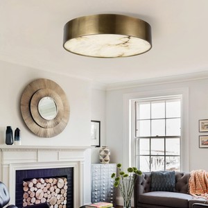 Plafonnier rond en albâtre avec accessoires en fer forgé, surface en marbre espagnol, lumière LED blanc chaud doux - Product Image 3