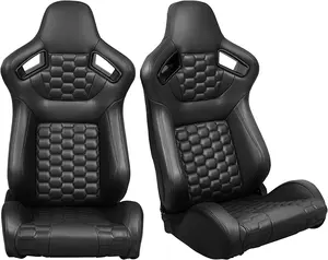 Universal Racing Seats, Reclinable Sport Seats with Dual Lock Sliders Adjustable (Driver + Passenger Side)Full Black Leather