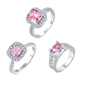 Anillos de compromiso de Zirconia cúbica rosa de alta calidad, diseño de <span class=keywords><strong>Halo</strong></span> de Plata de Ley 925, anillo de promesa de lujo con piedra CZ para mujer - Product Image 1
