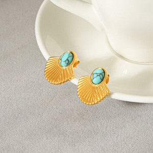 18K Gold Plated <b>Turquoise</b> Inlaid Fan Shape <b>Stud</b> <b>Earrings</b> Women's Luxury Designer Jewelry Wholesale - Product Image 6