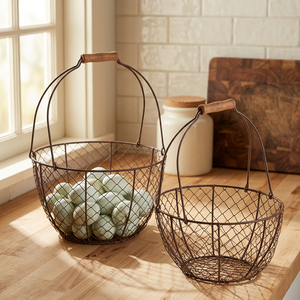 Panier de rangement rustique en fil de fer, panier rond en métal fait à la main pour la cuisine - Product Image 5