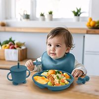 Ensemble de repas pour bébé en silicone écologique 8 pièces avec assiette, bavoir, bol, cuillère, fourchette, tasse - Passe au lave-vaisselle et réutilisable
