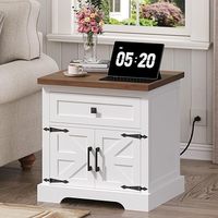 Table d'appoint en chêne massif style ferme avec station de charge, grande capacité, table de chevet avec tiroir pour salon et chambre
