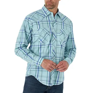 Camisa masculina formal de verão, fácil de cuidar, estampa de xadrez, camisas masculinas com gola virada para baixo