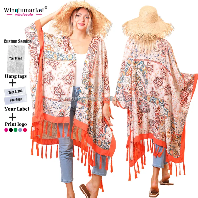 Kimono motif kustom kimono floral boho kardigan panjang pakaian pantai wanita maxi rumbai tutup kimono wanita