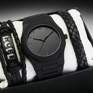 Conjunto de Reloj de Lujo para Hombre <span class=keywords><strong>en</strong></span> Negro Stealth, 3 Piezas, Esfera con Números Árabes, Reloj de Cuarzo de Plástico con Correa de Cuero Trenzado, Regalo - Product Image 1
