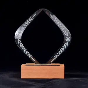 MH-JB234 Wooden Award Customized Engarve Glass Trophy Crystal Plaque Clear Crystal Award Trophy