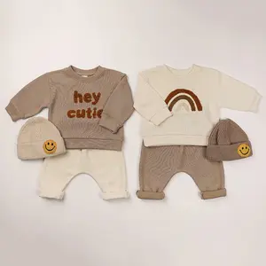 Setelan baju bayi 3 potong, pakaian bordir lengan panjang dan celana panjang, baju olahraga anak dengan topi rajut musim gugur dan musim dingin
