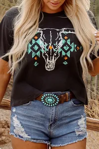 Vente en gros Best-seller <span class=keywords><strong>T</strong></span>-shirts à col rond pour femmes personnalisés Western Cowboy Casual <span class=keywords><strong>Turquoise</strong></span> Pattern Imprimé de haute qualité - Product Image 2