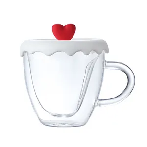 Custom Making Heart Shape Coffee Glass Cup Cover with Glass Handle Ins Silicon Paper Box Mugs Double Wall Glass Cup Transparent