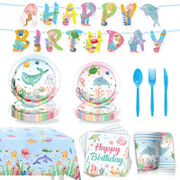 Articles de fête sur le thème des animaux marins, décorations de créatures marines, vaisselle, assiettes en papier, gobelets, serviettes, nappe, bannière