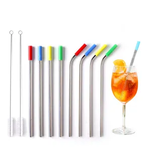 Wholesale Stainless Steel Drinking Straws with Cleaner Brush and Silicone Tips Bar Accessories Dia 8mm *241mm(l) 100units