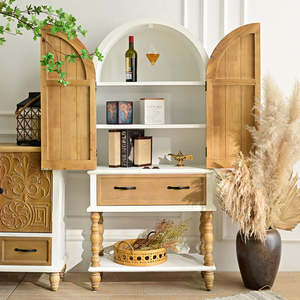 Buffet haut en bois massif blanc vintage INNOVA avec porte sculptée, tiroir et étagère pour bar à domicile, salle à manger, entrée et salon - Product Image 4