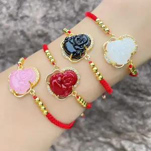 Chinese Sieraden Geluksrood Touw Lachen Boeddha Armband Vrouwen Handgemaakt Gevlochten Kleurrijke Jade Boeddha Armbanden Bracelete Buda