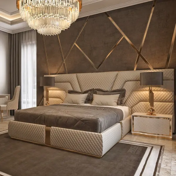 מלון יוקרה קינג סייז מיטה זוגית מלון ריהוט חדר שינה סט מיטה זהב סט מיטה מודרנית דגמי מיטה מעץ מלא 5 סטים מלונות 3-5 כוכבים