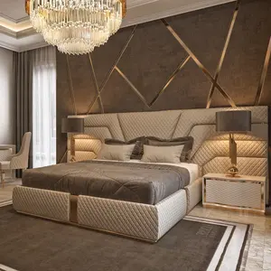 Luxury Hotel King Size Double Bed Hotel Bedroom Furniture Gold Bed Set Modern Wooden Bed Models Solid Wood 5 Sets 3-5star Hotels