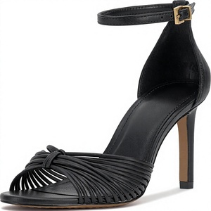 Sandalias de Tacón Alto de Piel Sintética Negra con Pliegues, Punta Abierta y Correa con Hebilla, Zapatos de Vestir de Verano - Product Image 2