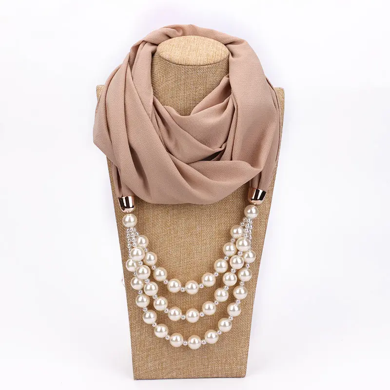 New Pendant Scarf Necklace Pearls Necklaces For Women Chiffon Hijab Pendant Scarf Jewelry Wrap Foulard Female Accessories