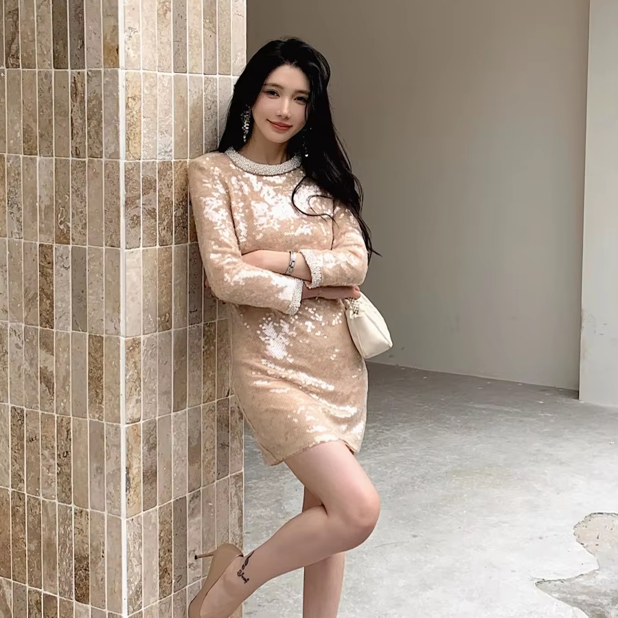 The New 2024 Fall Socialite Champagne Sequined Hand-beaded Short Evening  Dresses Fashion Long Sleeve Solid Color Party Dress| Alibaba.com