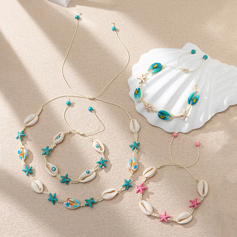 Colar boêmio, jóias de praia feriados feitas à mão turquesa estrelada tartaruga cruz marítima corda