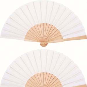 Abanico Plegable de Madera y Tela Blanco de 23 CM con Logotipo Grabado en el Mango, Abanico Artesanal de Madera para Bodas - Product Image 1