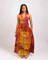 Robe longue sans manches à col halter imprimé africain pour femme A12336, taille empire, boutonnée sur le devant, avec poches, style sundress