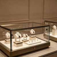 Vitrine de présentation de bijoux en verre avec éclairage LED personnalisé, comptoir de magasin rond en acier inoxydable, design de luxe pour la présentation de bijoux