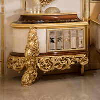 Lit de Style Empire Classique de Luxe King Size en Bois Massif, Cadre Doré à la Feuille d'Or avec Sculptures sur Bois, Lit Européen et Armoire