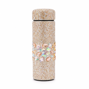 Bouteille d'eau isotherme cylindrique en acier inoxydable avec strass, couvercle entièrement orné de strass, bande décorative en pierres précieuses, pour usage quotidien féminin - Product Image 1