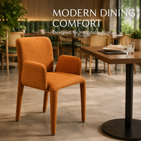 Fauteuil de salle à manger, tissage terracotta, dossier incurvé, accoudoirs intégrés, pieds coniques recouverts pour restaurant, café et hôtel