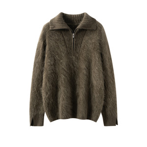 100% 캐시미어 니트 베이스 레이어 스웨터 맞춤 로고 라펠 하프 지퍼 두꺼운 캐시미어 스웨터 겨울 따뜻한 여성 캐시미어 탑 - Product Image 1