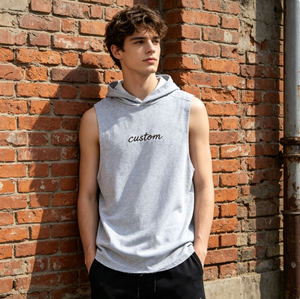 Sweat-shirt à capuche sans manches pour homme, gris, en coton éponge, logo personnalisé, vêtements décontractés d'été - Product Image 1