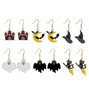 Halloween Jewelry Accessories 2024 New Cartoon Horror Funny Women's Halloween Earrings Bat Magic Hat Cat Drop Earrings