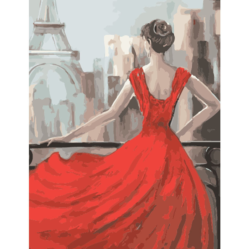3453 woman in red dress back view